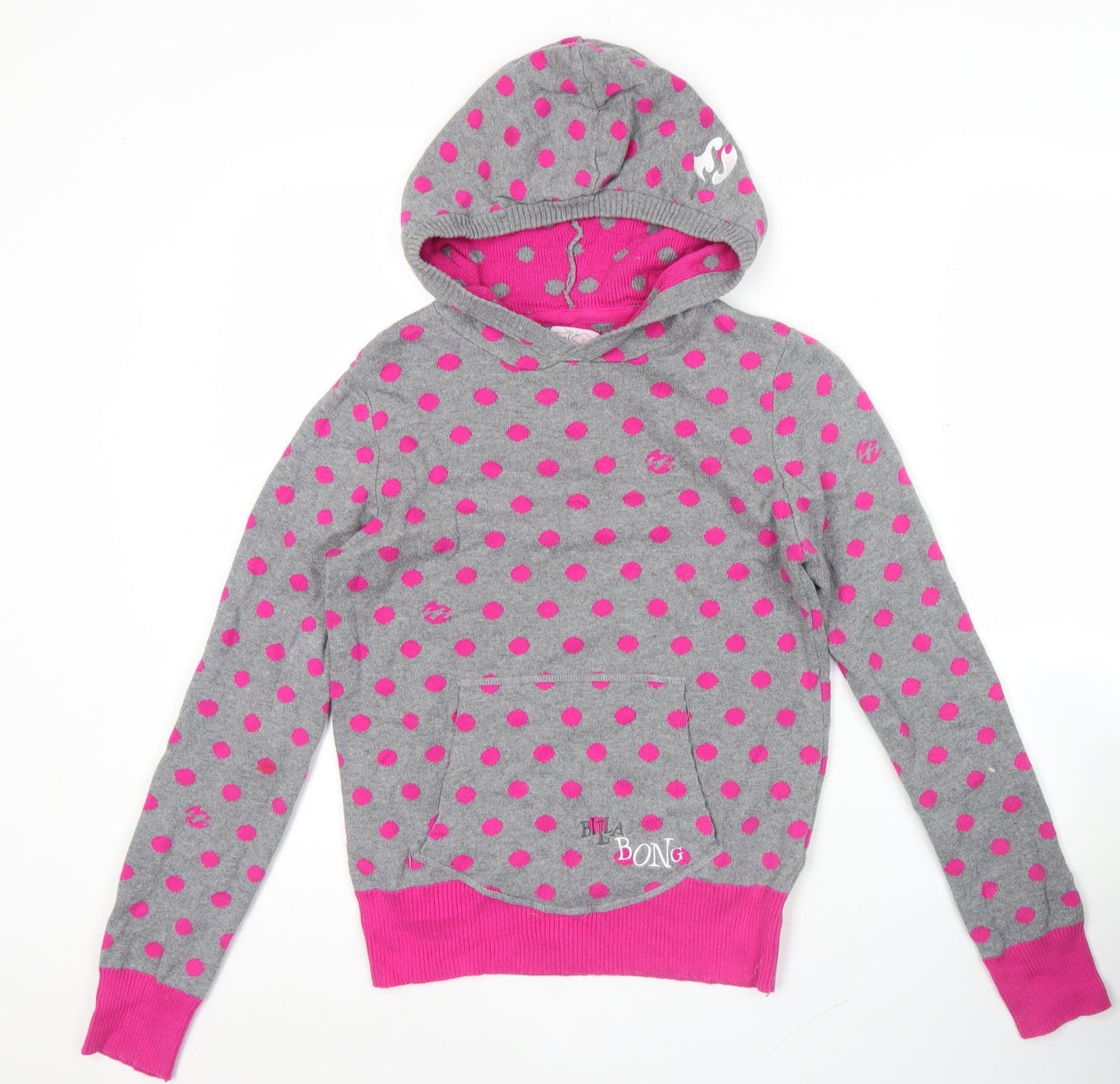 Billabong Girls Grey Pink Polka Dot Pullover Hoodie - Size 16 Years