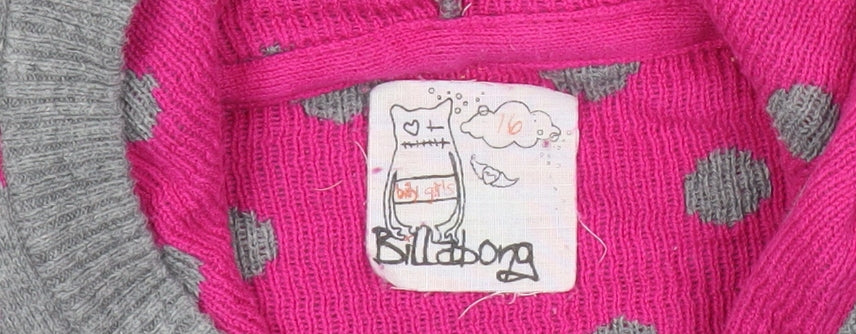 Billabong Girls Grey Pink Polka Dot Pullover Hoodie - Size 16 Years