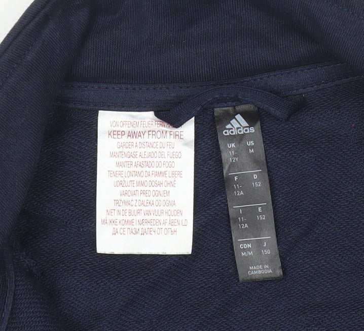 Brand and care label for Adidas boys’ blue track jacket 12 years full zip logo sports activewear