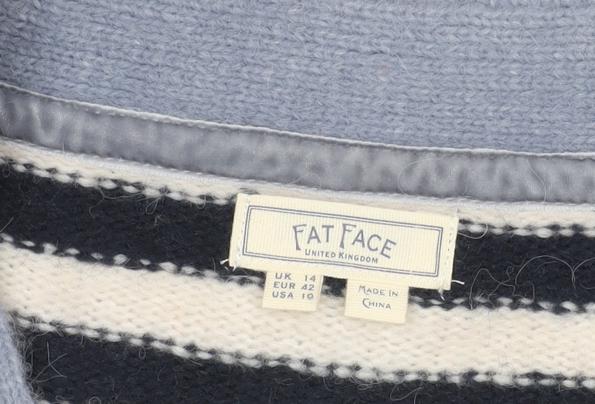 Fat Face Womens Blue Striped Cardigan Size 14 V-Neck Knitwear