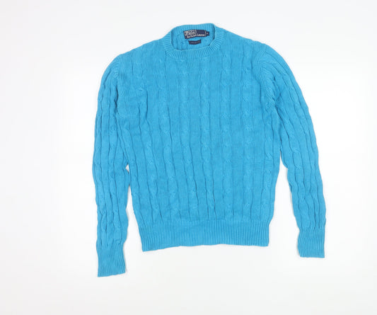 Ralph Lauren Women Blue Cotton Cable-Knit Jumper S Crew Neck