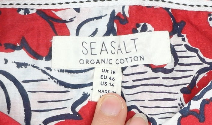 Seasalt Women Red Floral Organic Cotton Button-Up Shirt Size 18
