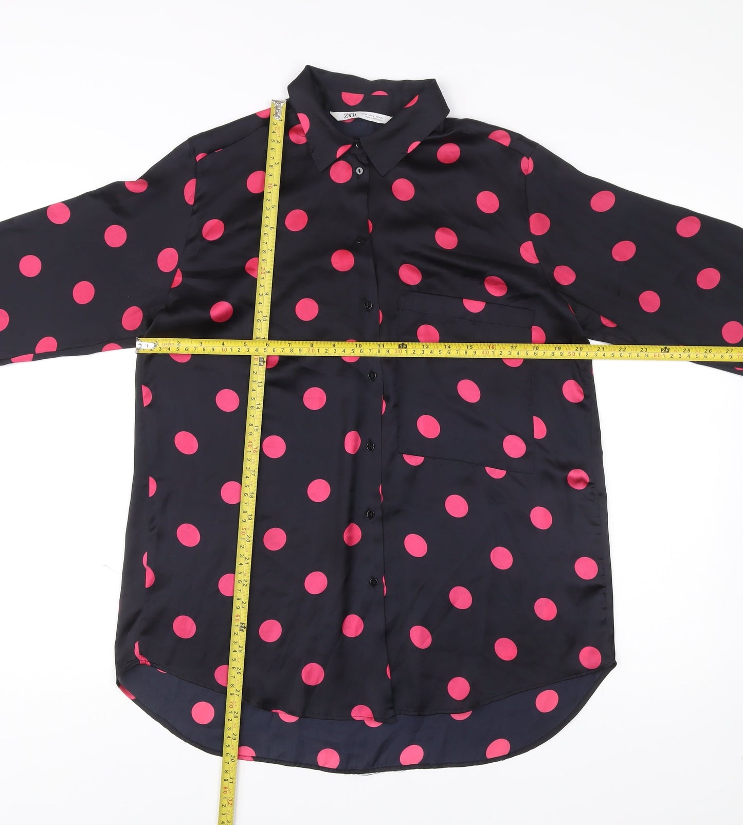 Zara Women Black Polka Dot Button-Up Blouse Size M Long Sleeve