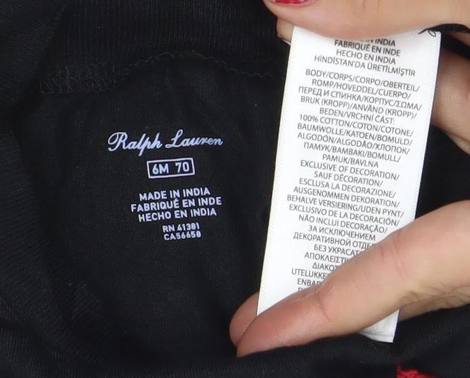 Ralph Lauren Unisex Baby Black 6-9 Months Cotton T-Shirt with Logo