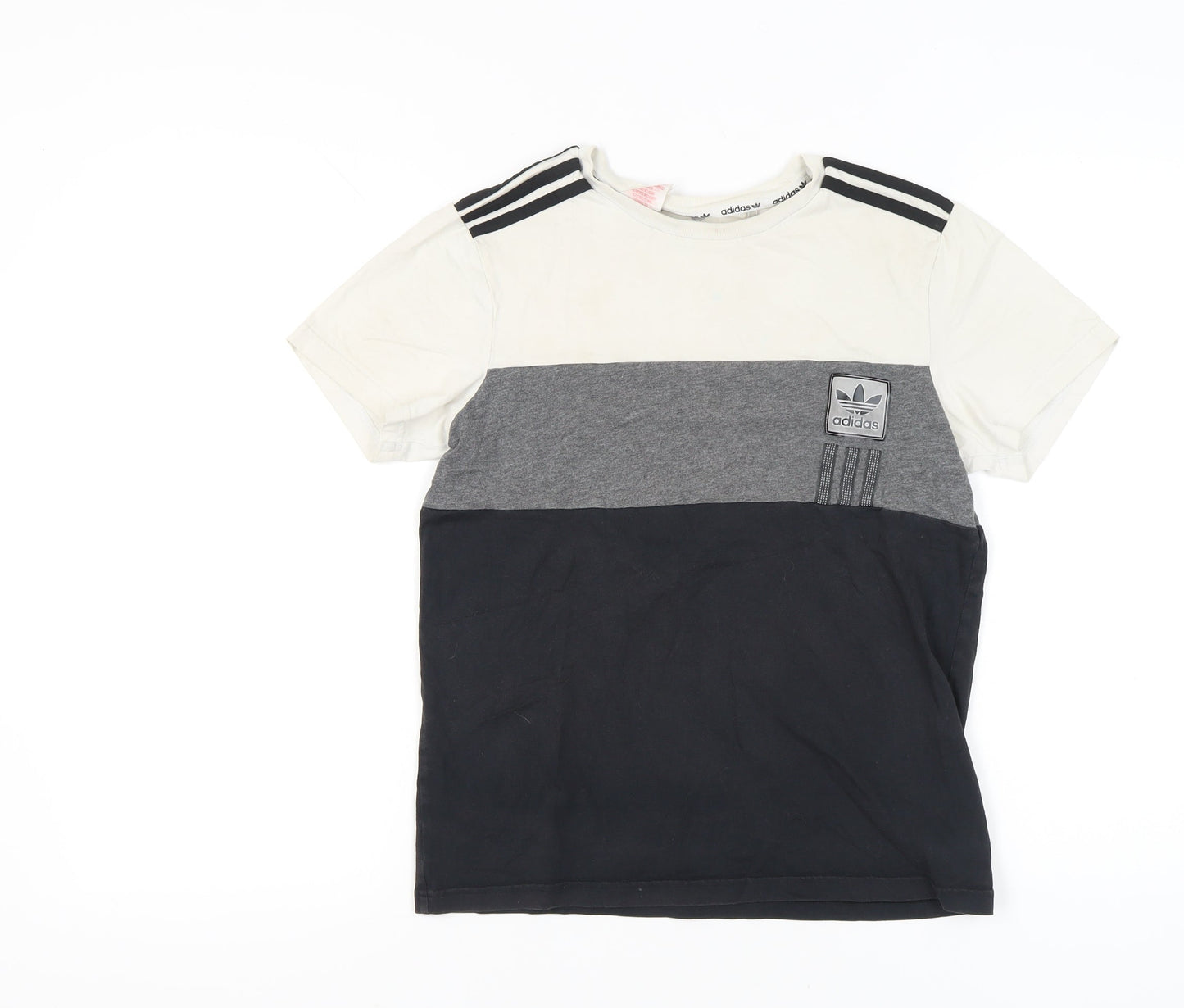 Adidas Boys White Grey Black T-Shirt 13-14 Years Colourblock Logo Top