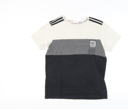 Adidas Boys White Grey Black T-Shirt 13-14 Years Colourblock Logo Top