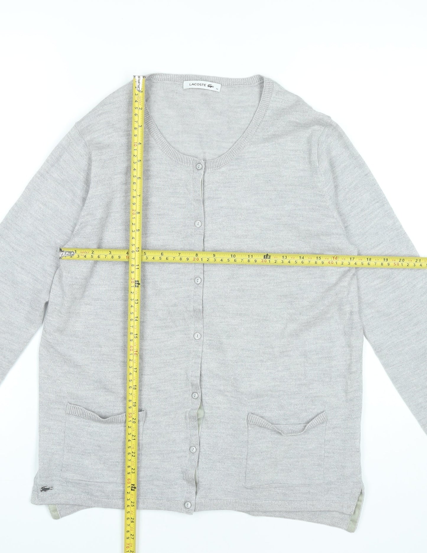 Lacoste Womens Grey Wool Blend Cardigan Size 16 Long Sleeve Knit