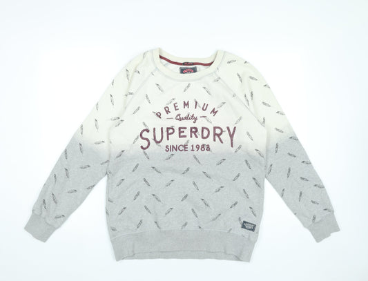 Superdry Womens Grey Beige Feather Print Sweatshirt Medium Cotton Blend