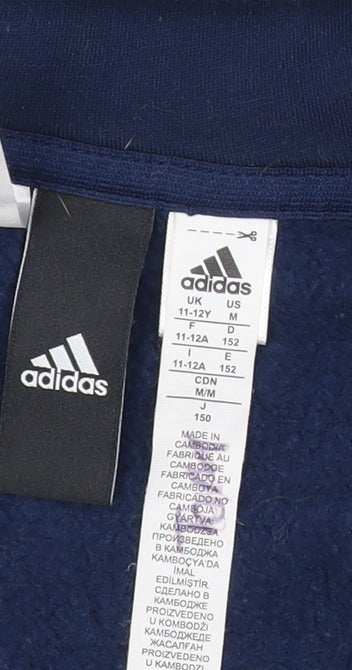 Brand and care label for Adidas boys’ blue full zip hoodie 11-12y fleece long sleeve sportswear