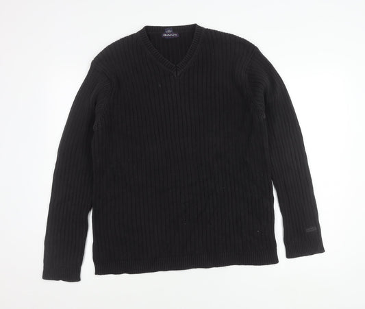 Gant Men's Black Cotton V-Neck Jumper Size L Long Sleeve Knit