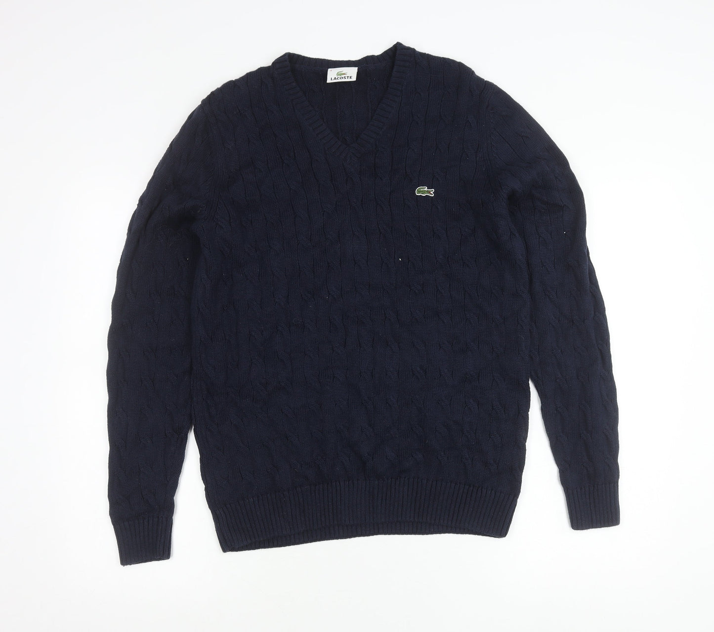 Lacoste Women’s Blue Cotton V-Neck Cable Knit Jumper M
