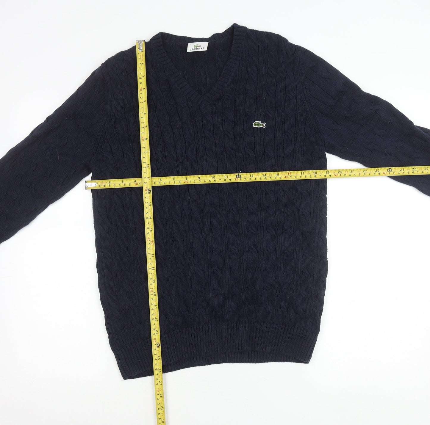 Lacoste Women’s Blue Cotton V-Neck Cable Knit Jumper M