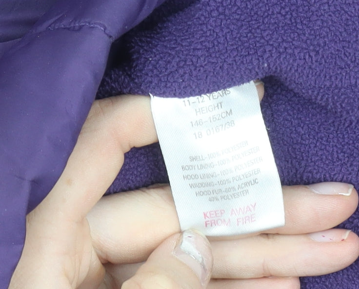 Peter Storm Girls Purple Puffer Coat 11-12 Years Hooded Winter Jacket