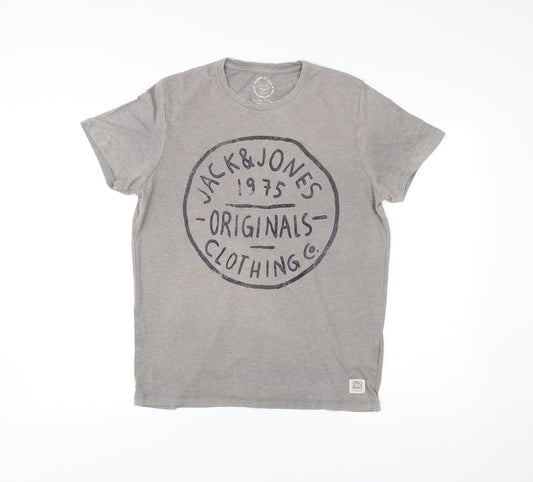 Jack & Jones Men’s Grey Graphic Print T-Shirt Size L Crew Neck