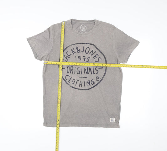 Jack & Jones Men’s Grey Graphic Print T-Shirt Size L Crew Neck