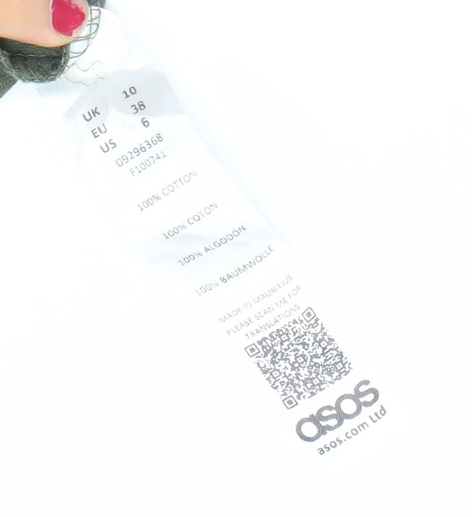 Brand and care label for ASOS Women’s Green Cotton Mini Slip Dress, size UK 10, Ruffle Strappy