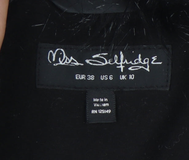 Brand and care label for Miss Selfridge Women’s Black Faux Fur Trim Coat UK 10