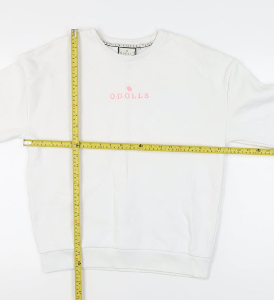ODolls Womens White Sweatshirt Size 6 Cotton Blend Logo Crew Neck