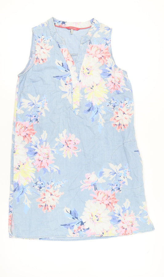 Joules Womens Blue Floral Cotton Shift Dress Size 10 Sleeveless V-Neck