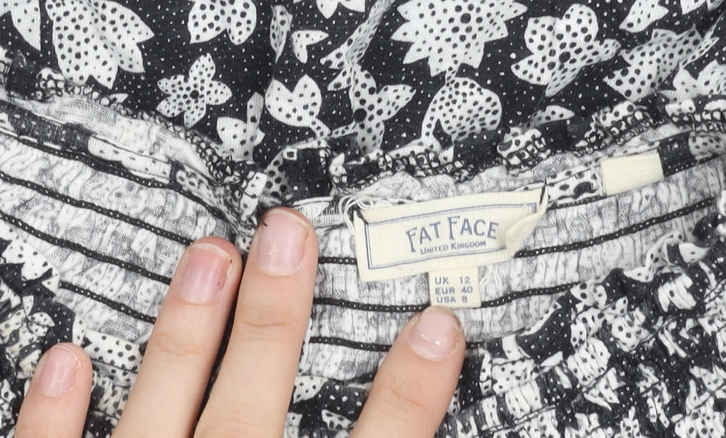 Fat Face Womens Black Floral Cotton Blouse UK 12 Tunic Style 3/4 Sleeve