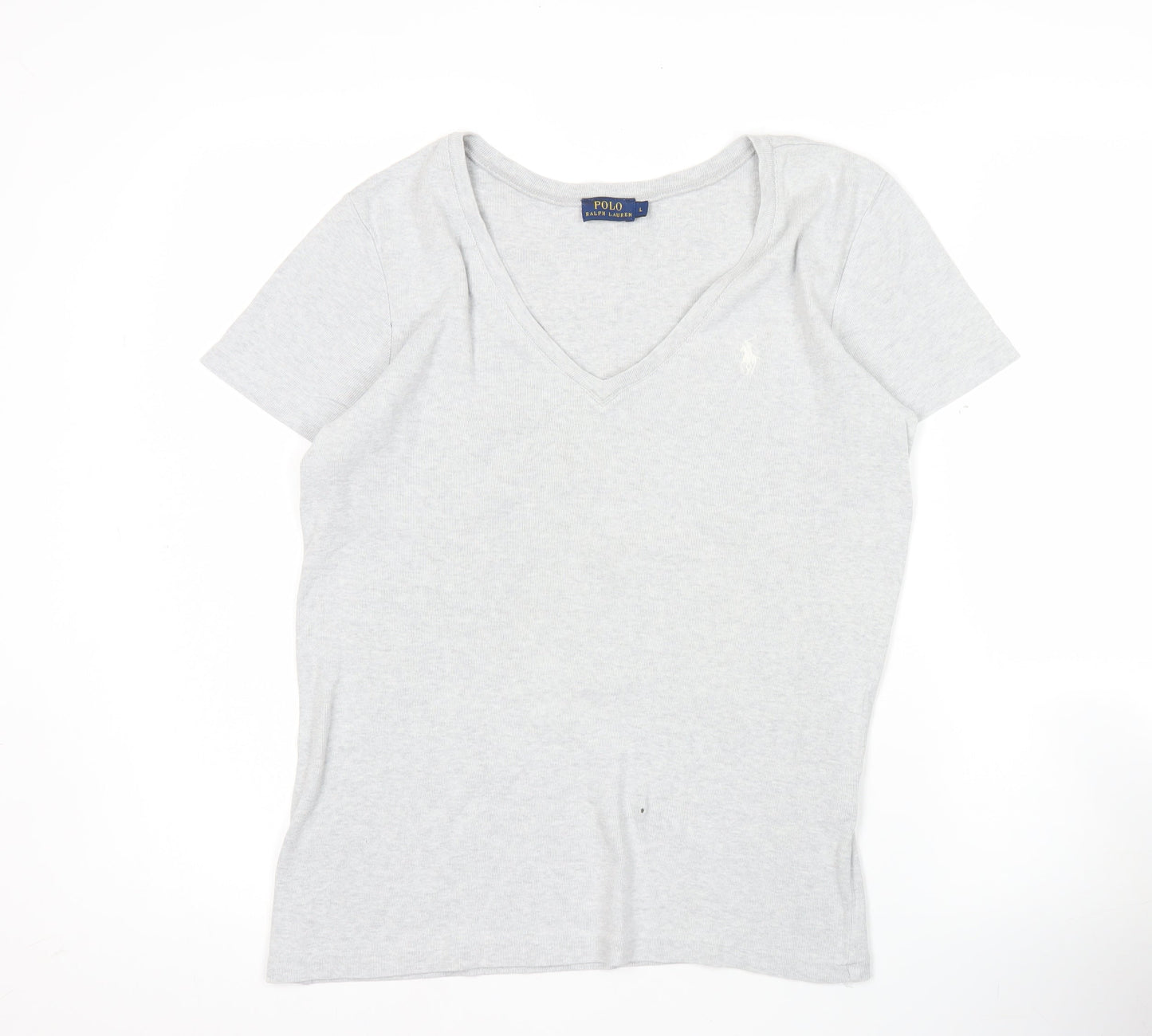 Ralph Lauren Womens Grey V-Neck T-Shirt Size L Embroidered Logo