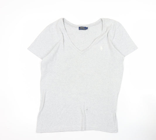 Ralph Lauren Womens Grey V-Neck T-Shirt Size L Embroidered Logo