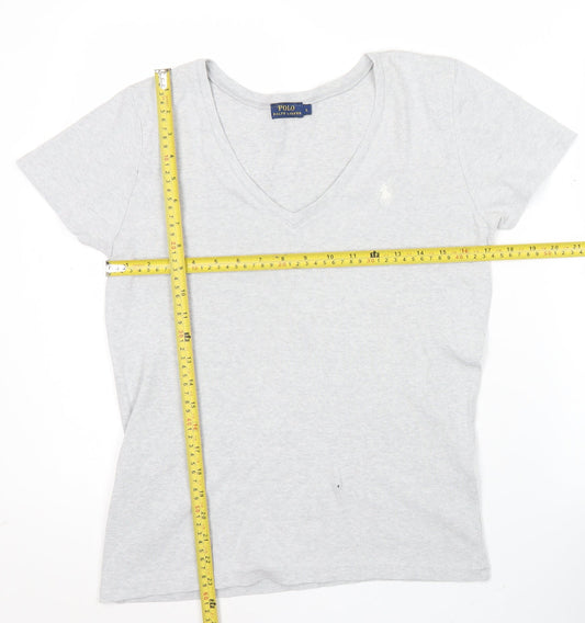 Ralph Lauren Womens Grey V-Neck T-Shirt Size L Embroidered Logo