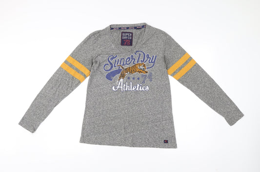 Superdry Womens Grey Long Sleeve Jersey T-Shirt Size 12 V-Neck Athletic