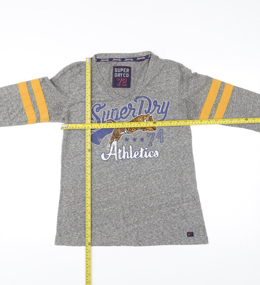 Superdry Womens Grey Long Sleeve Jersey T-Shirt Size 12 V-Neck Athletic