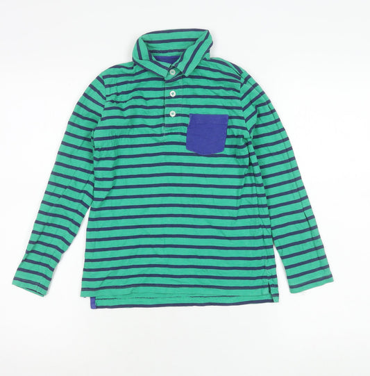 Boden Boys Green Striped Long Sleeve Polo Shirt Age 8-9 Years Cotton