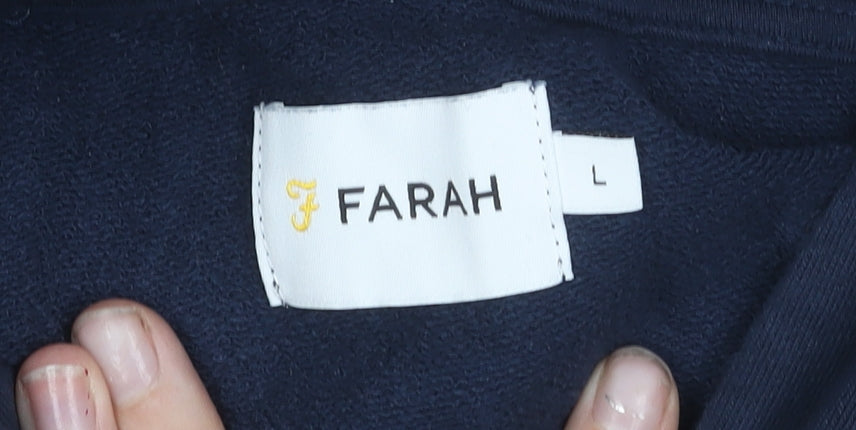 Farah Men's Blue Pullover Hoodie Size L Cotton Logo Pocket