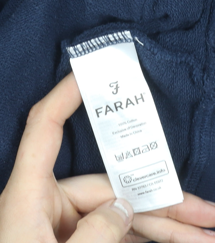 Farah Men's Blue Pullover Hoodie Size L Cotton Logo Pocket