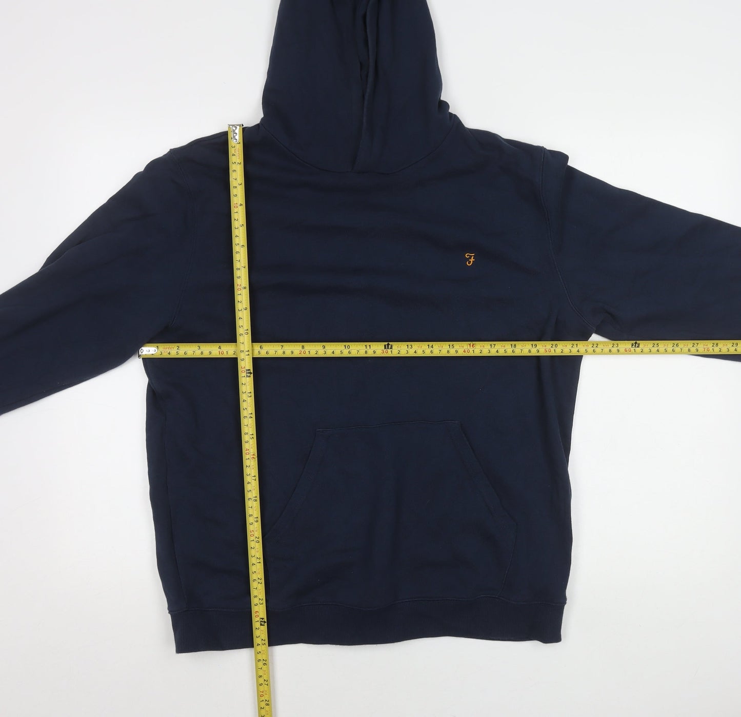 Farah Men's Blue Pullover Hoodie Size L Cotton Logo Pocket
