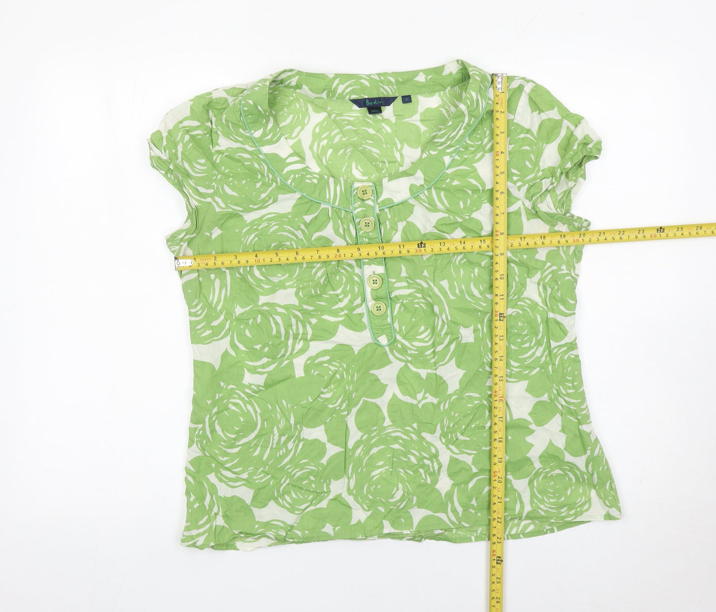 Boden Womens Green Floral Cotton Blouse Size 16 Short Sleeve