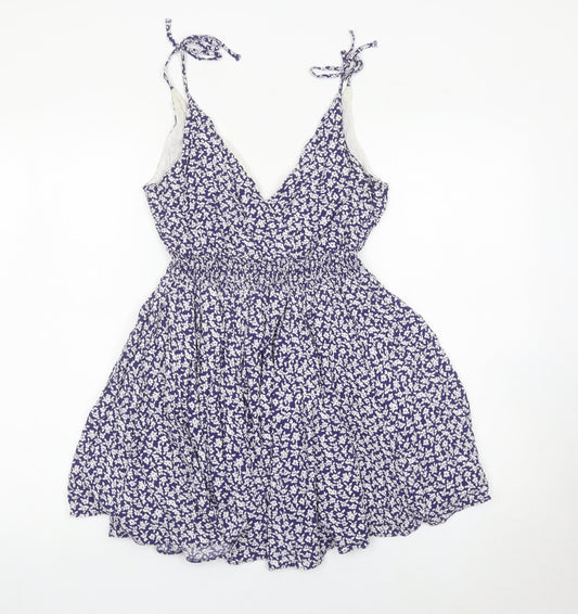 Jack Wills Womens Blue Floral Skater Dress Size 6 Summer V-Neck