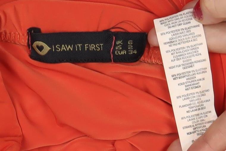 Brand and care label for I Saw It First Women’s Orange Ruched Drawstring Mini Skirt, size S