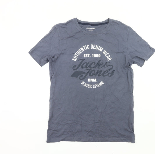 Jack & Jones Men’s Blue Graphic Print Crew Neck Cotton T-Shirt Size L