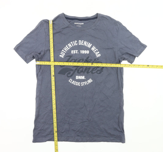 Jack & Jones Men’s Blue Graphic Print Crew Neck Cotton T-Shirt Size L