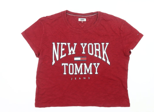 Tommy Jeans Women Red Cropped T-Shirt M Casual Logo Cotton