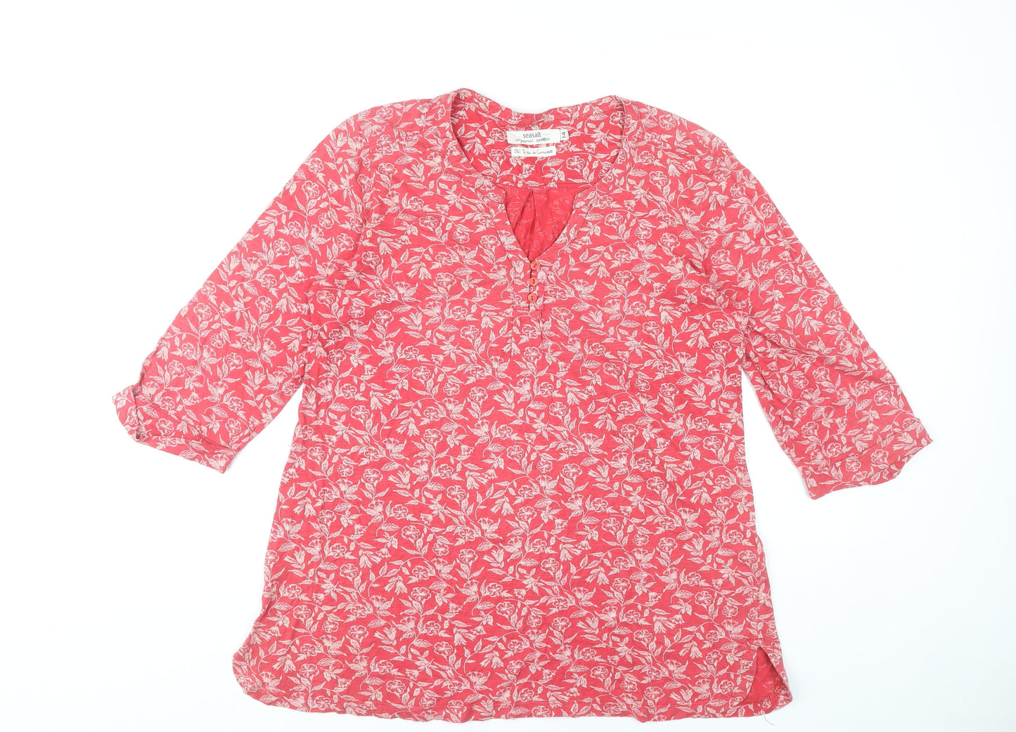 Seasalt Women Red Floral Cotton Tunic Blouse Size 14 3/4 Sleeve