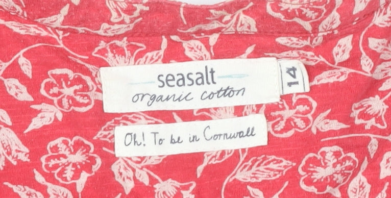 Seasalt Women Red Floral Cotton Tunic Blouse Size 14 3/4 Sleeve