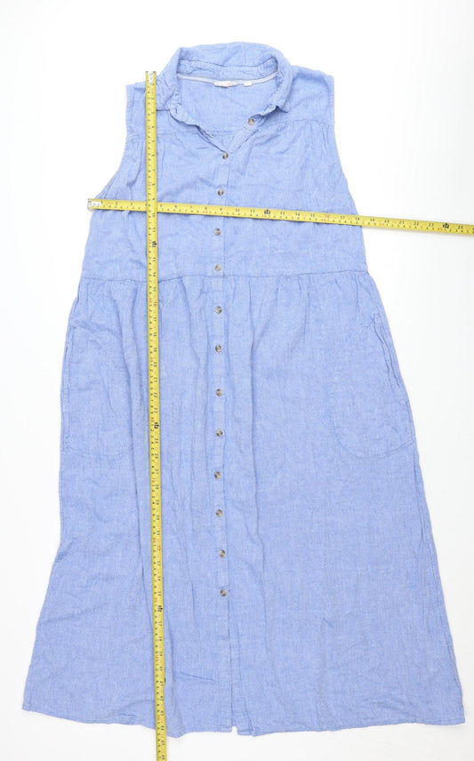 Fat Face Women’s Blue Linen Shirt Dress Size 16 Midi Sleeveless