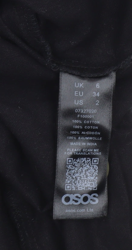 Brand and care label for ASOS Women’s Black, size UK 6, Short Shirt Dress Cotton V-Neck Casual