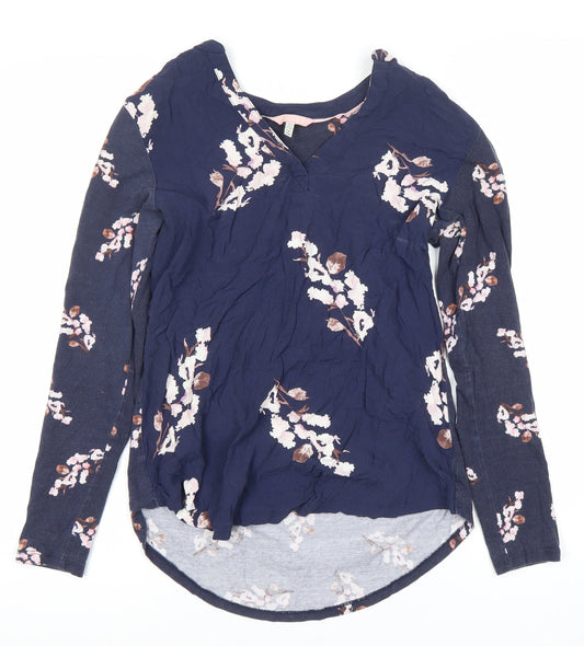 Joules Womens Blue Floral Tunic Blouse Size 8 Long Sleeve V-Neck