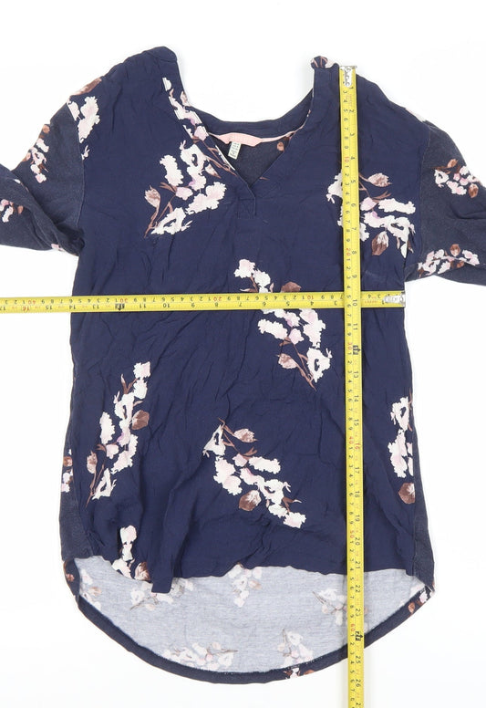 Joules Womens Blue Floral Tunic Blouse Size 8 Long Sleeve V-Neck