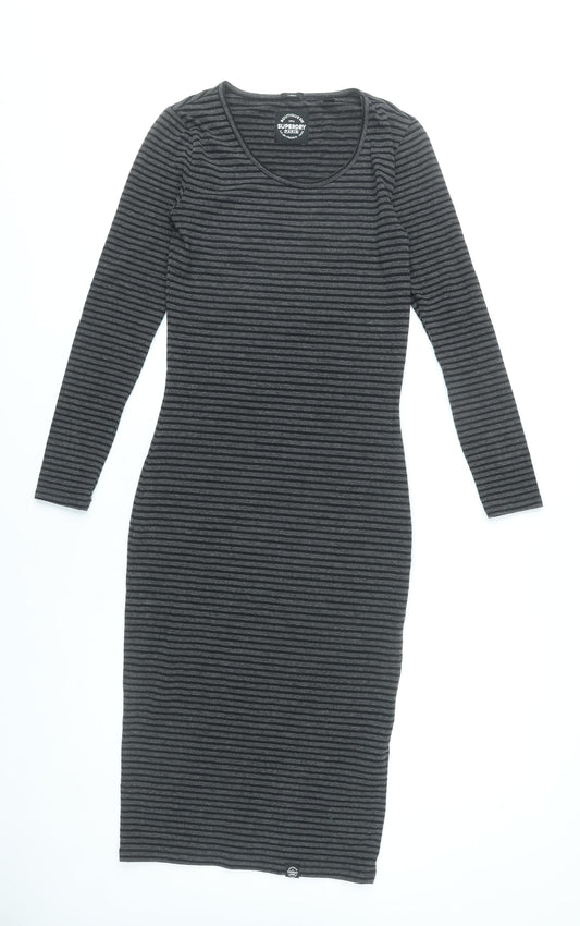 Superdry Women Grey Striped Bodycon Dress XS Long Sleeve Scoop