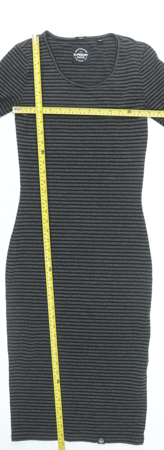 Superdry Women Grey Striped Bodycon Dress XS Long Sleeve Scoop