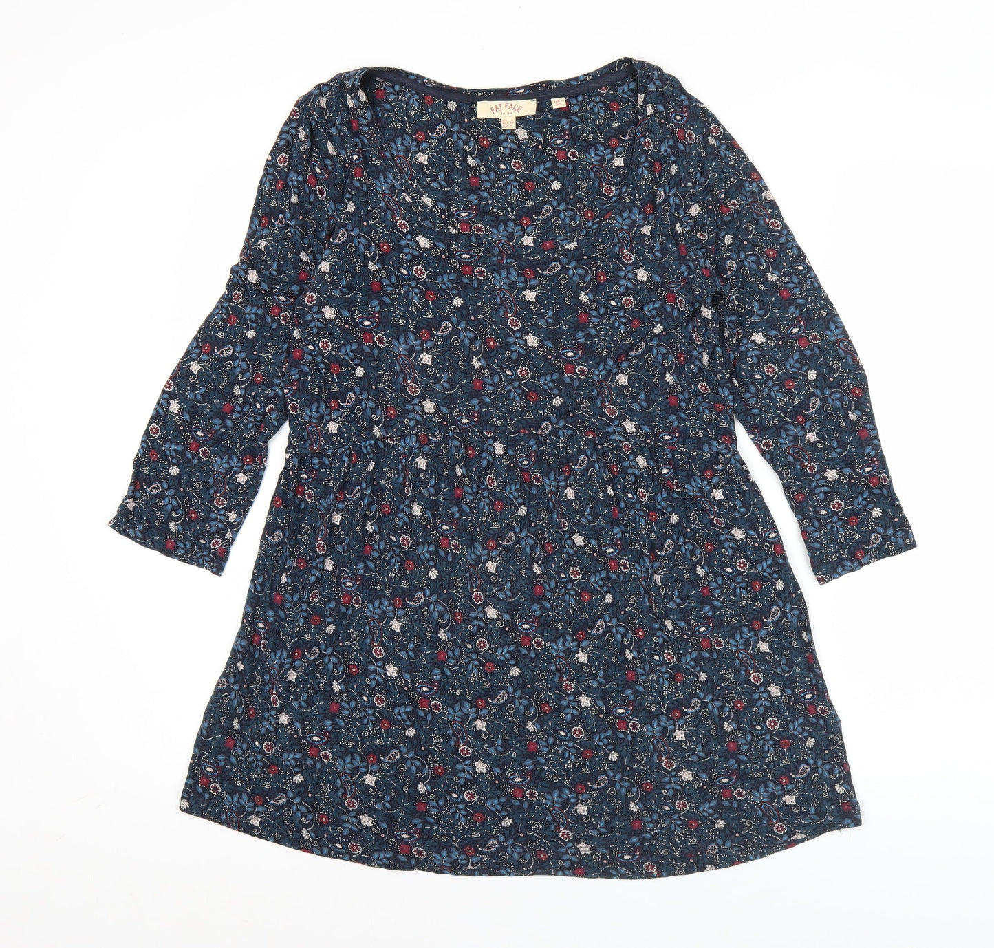 Fat Face Womens Blue Floral Shift Dress Size 10 Scoop Neck 3/4 Sleeve