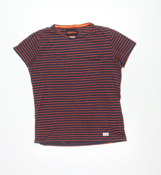 Superdry Women Blue Striped T-Shirt Size L Cotton Blend