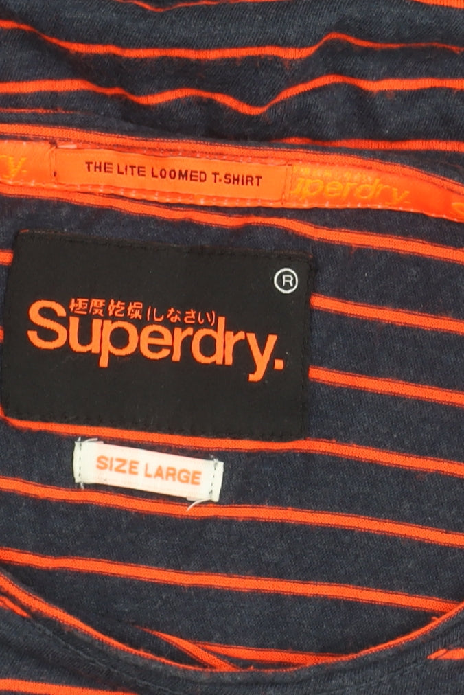 Superdry Women Blue Striped T-Shirt Size L Cotton Blend